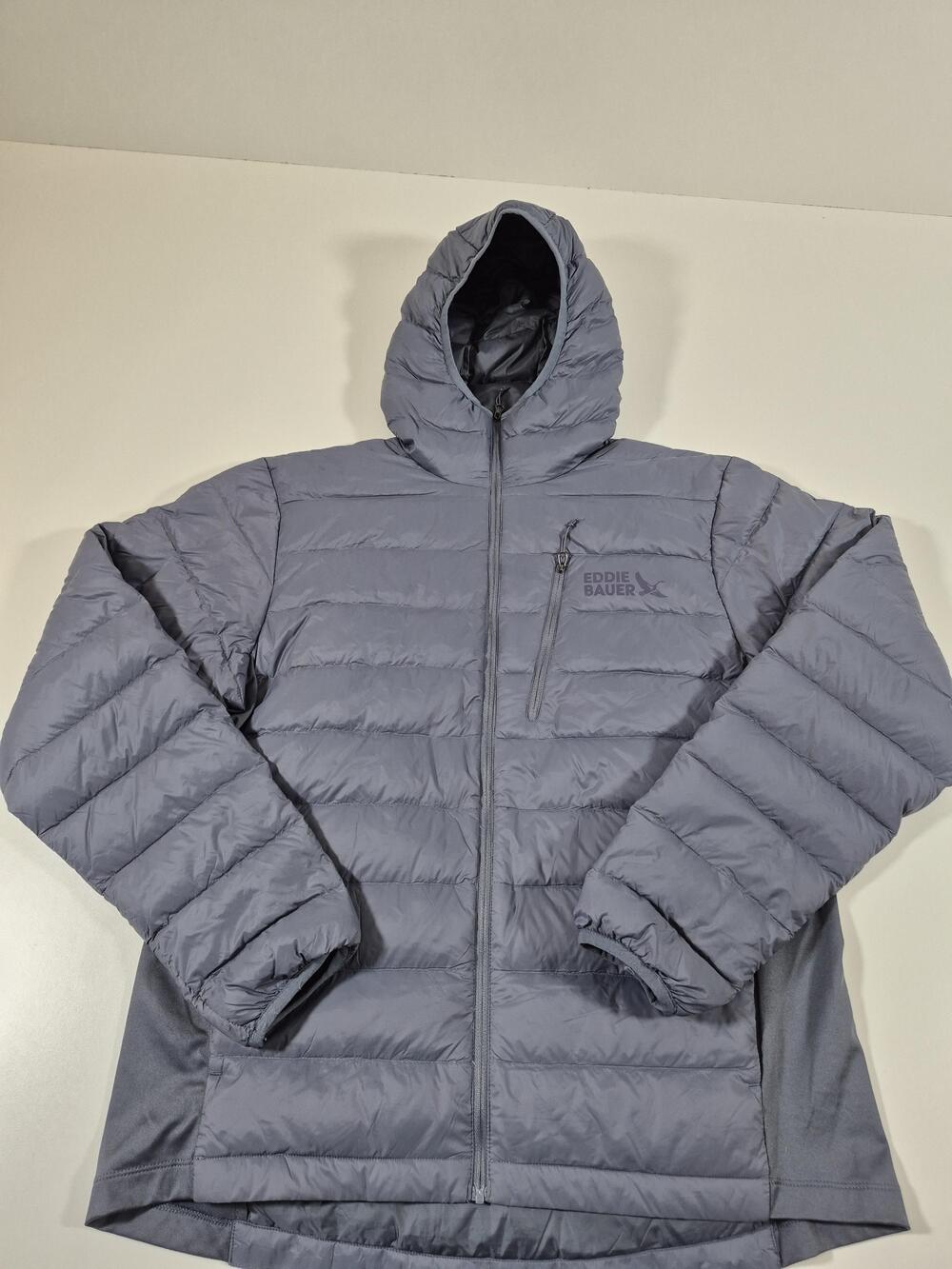 Eddie Bauer 550 Down Jacket Mens M Gray Hooded Down Puffer Full Zip Lightweight